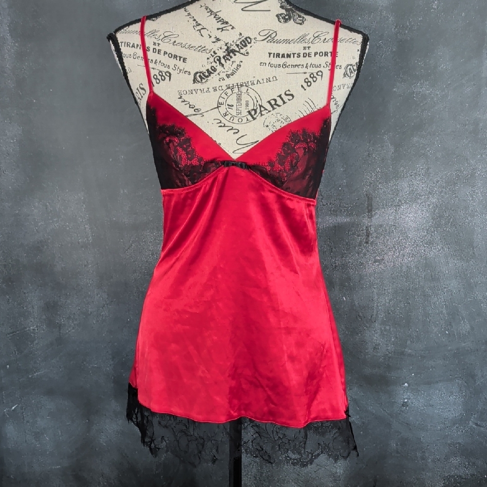 Victoria's Secret Red Satin Chemise with Black Lace Trim
